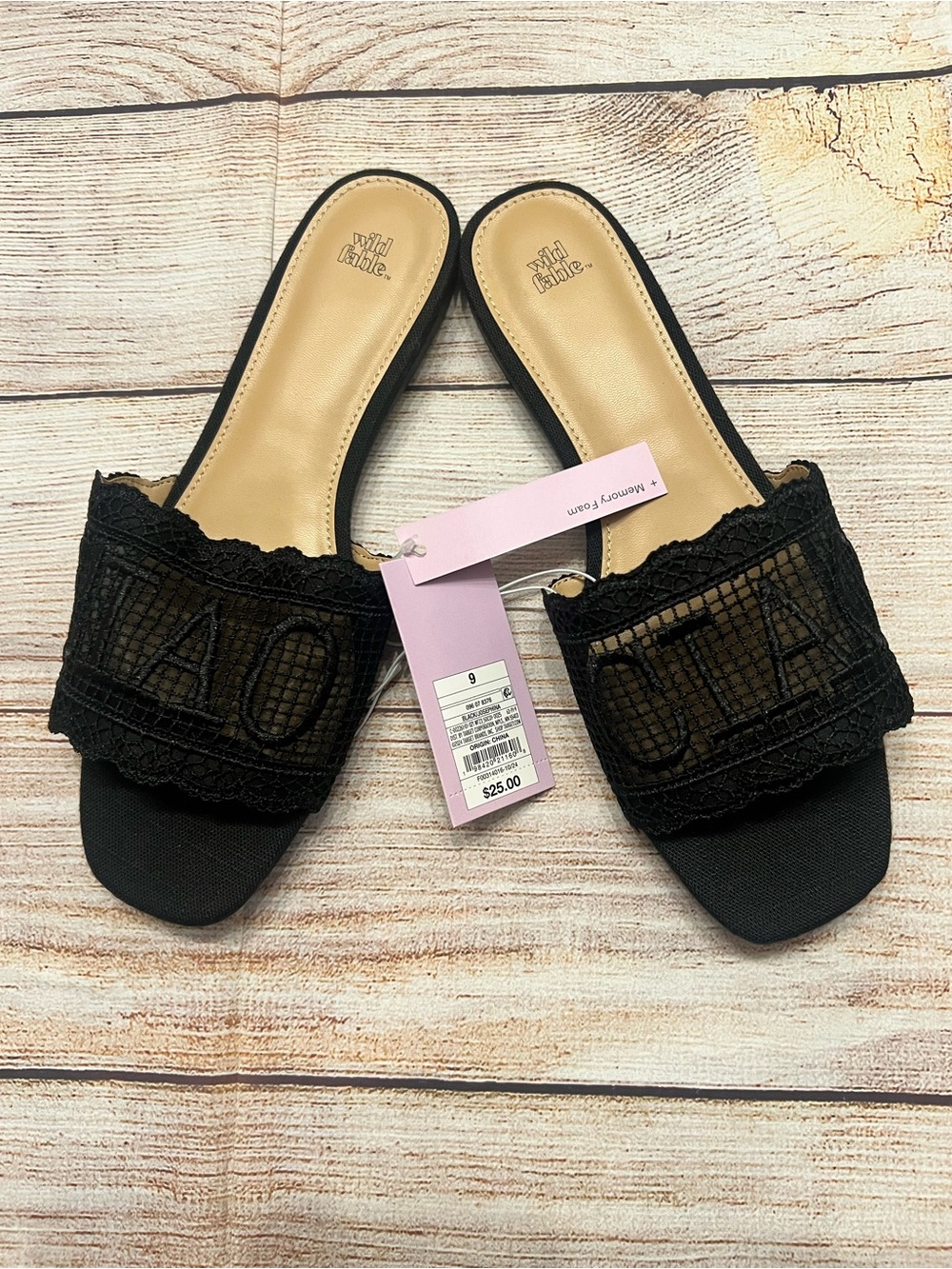 Wild Fable Black Josephine Lace Overlay Slide Sandals Sz 9